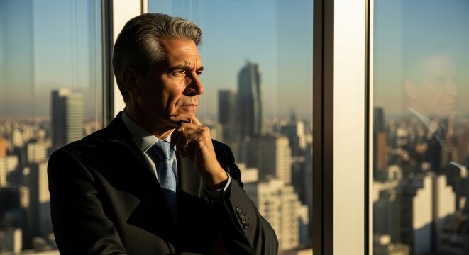Mature businessman in suit looking out of high rise office window at city skyline, pensive corporate executive contemplating business strategy and future growth