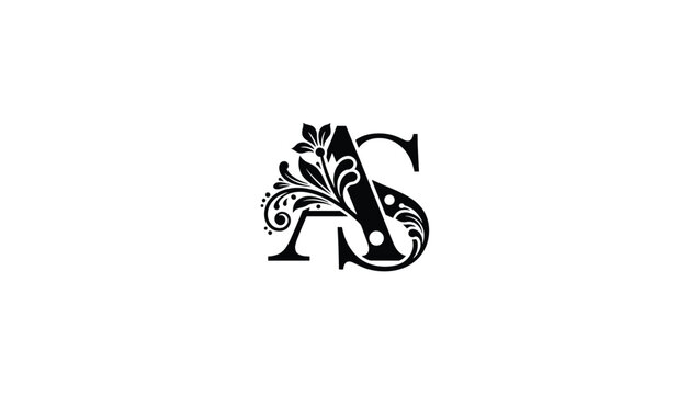 Elegant black monogram of the letters a and s features intricate floral decorations on a plain white background.