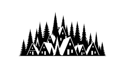 Obraz premium Forest and houses silhouette against a white background
