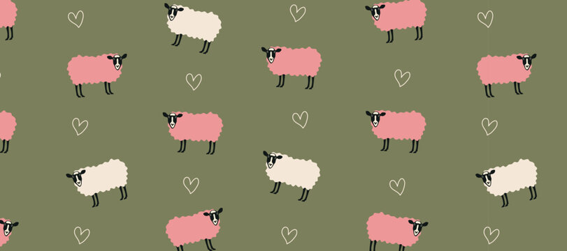 Cute sheep seamless pattern with pink and white lambs for nursery wallpaper, kids textile or gift wrapping paper vector illustration