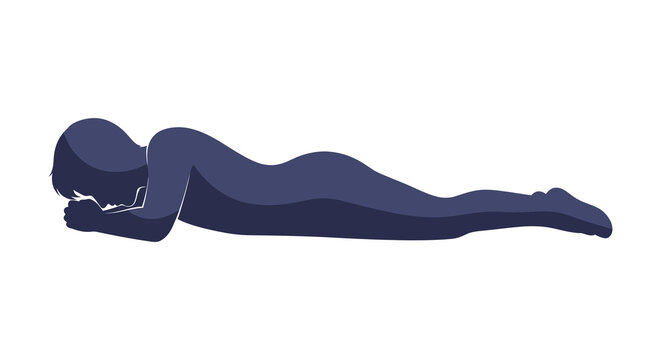 Silhouette of a person lying prone dark blue against white background