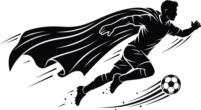 Super hero soccer player running with ball silhouette superhero sprinting silhouette football movement competition tournament champion professional technique metaphor excellence