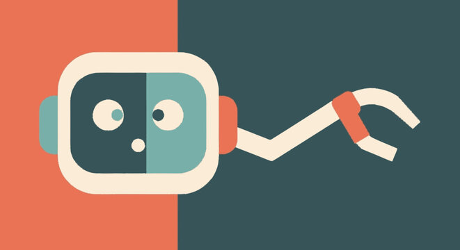 Minimalist graphic illustration of a stylized abstract robot face with