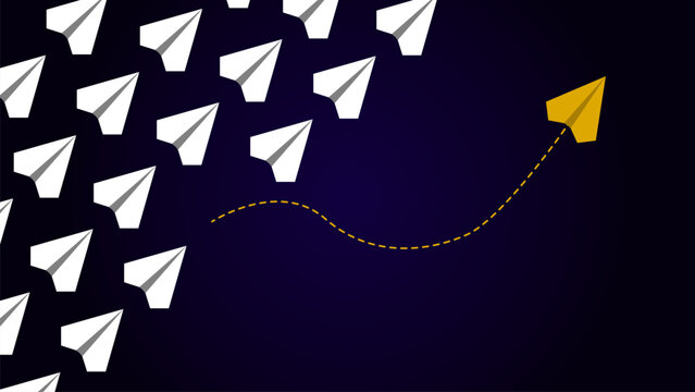Leadership concept with standout paper airplane breaking formation and following unique path symbolizing innovation strategy and success