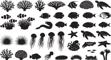 Ocean Life Vector Icons Set: Marine Animals, Coral Reefs, Sea Creatures Silhouettes for Underwater Design Elements © Shafiul