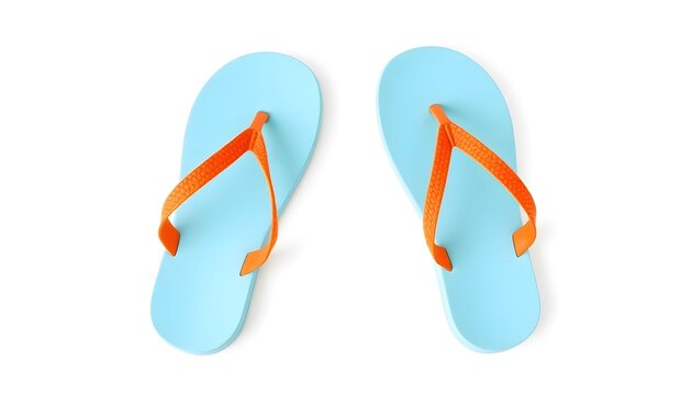 A pair of blue flip-flops with orange straps are shown on a white background.