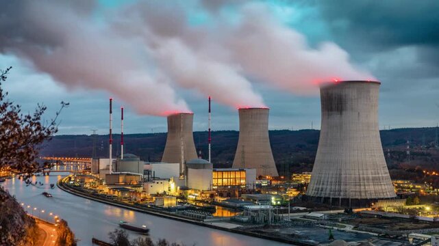 Nuclear power plant cooling towers releasing steam by a river