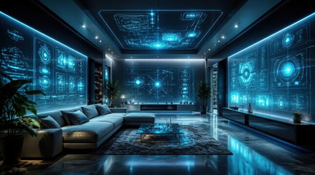 Futuristic Smart Living Room with Artificial Intelligence and Digital Home Automation
