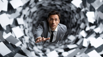 Fototapeta premium Businessman falling into a surreal paper vortex. Conceptual image of overwhelming workload and corporate stress. Man in business suit losing control amidst flying documents and paperwork.
