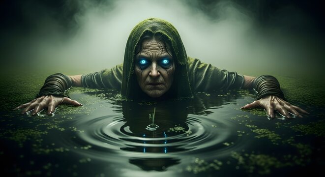 Eerie hooded figure emerging from dark swamp water with glowing blue eyes.