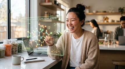 Fototapeta premium Happy Asian Woman Using Advanced Digital Interface in Modern Home Workspace