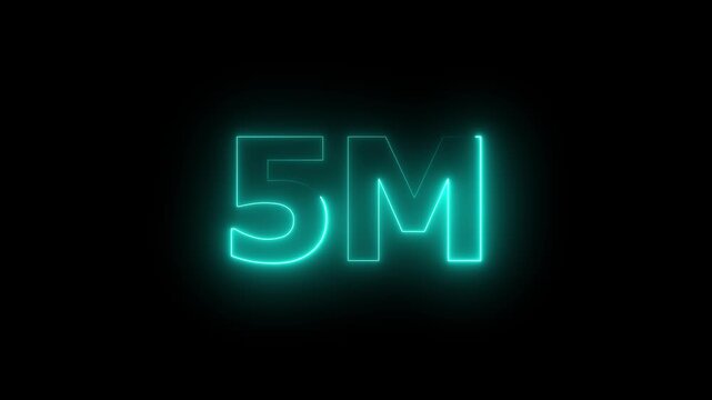  abstract  5 million follower calibration  animation video on black background, glowing neon 5m followers milestone celebration animation on black background