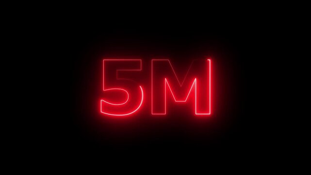  abstract  5 million follower calibration  animation video on black background, glowing neon 5m followers milestone celebration animation on black background