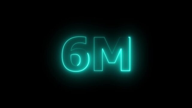 6m subscriber milestone celebration digital glowing typography background,social media 6m followers achievement glowing cyan neon animation,glowing 6m milestone announcement with futuristic neon.