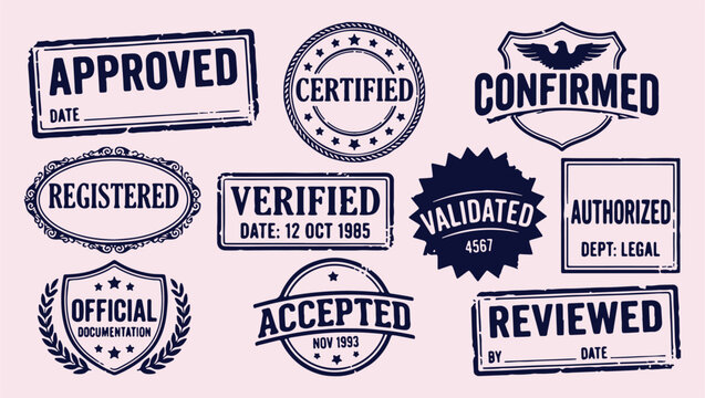 professional validation stamp pattern, business certification mark illustration, corporate document approval background, official stamp mark print, verified document icon set, secure certification art