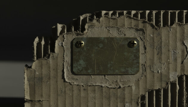 Cardboard torn distressed fiber texture corrugated box macro rough damaged close view of ripped packaging edge with metal plate and screw on dark background