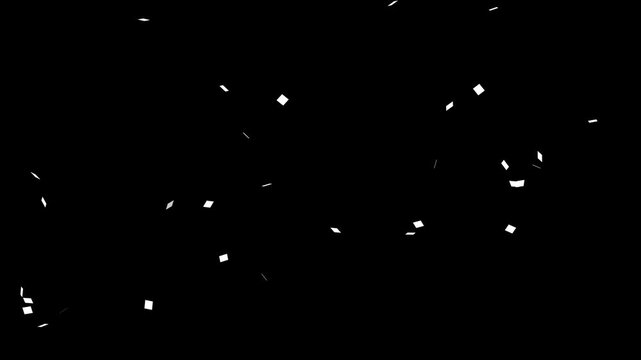 4k Falling shiny white or silver confetti isolated on transparent black background. Cinematic Bokeh Lights and Floating Dust Particles Loop, Bright festive tinsel color confetti, 3d confetti animation