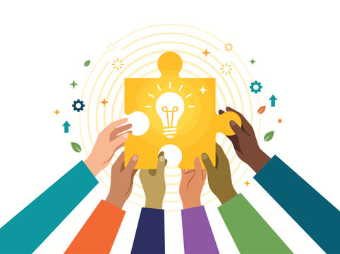 Diverse People Hands Connecting Golden Puzzle Piece with Bright Light Bulb Icon for Creative Collaboration and Innovation