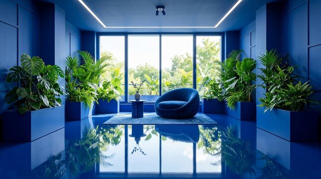 Modern interior design with blue accents and lush green plants