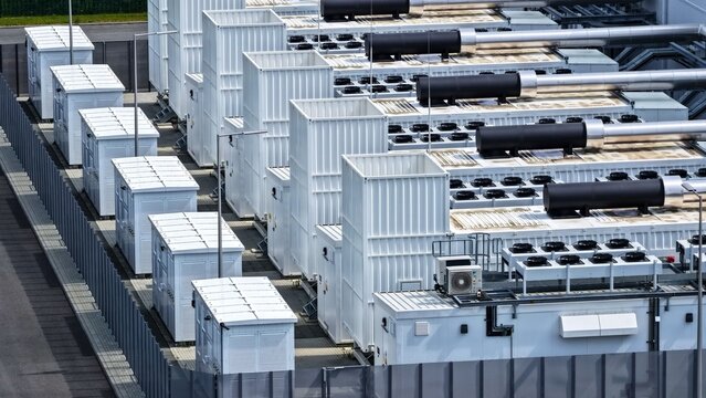 Aerial View of Large Data Center with Extensive Rooftop Cooling Systems