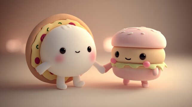 Adorable food characters resembling a pizza bun and a hamburger hold hands tenderly