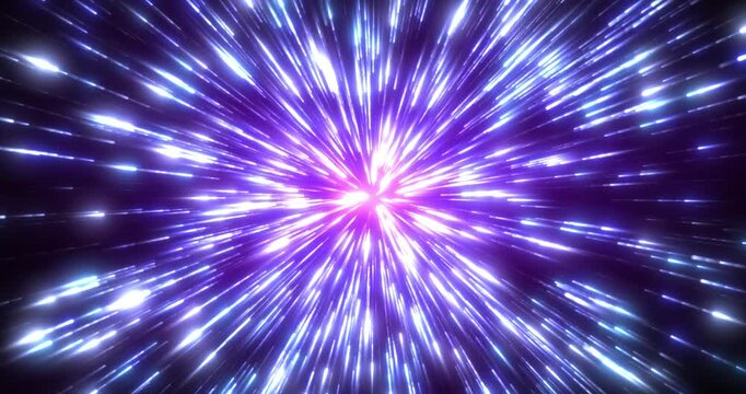 Brilliant purple and blue hyperspace burst with radiant light streaks. Futuristic warp-speed tunnel effect for sci-fi and technology themes.