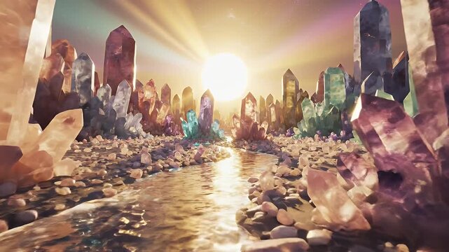 A Surreal Scene Of Crystal Formations And A Golden Sunrise Over A Crystal-Studded Coastal Waterway