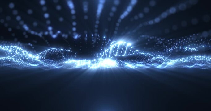 Glowing blue particle waves forming a futuristic digital landscape. Abstract data visualization with radiant energy and AI technology themes.