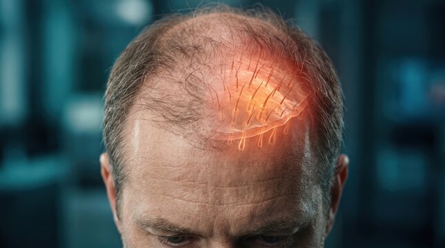 Man's Head with Illuminated Scalp Exploring Hair Loss, Brain Health, and Medical Concerns
