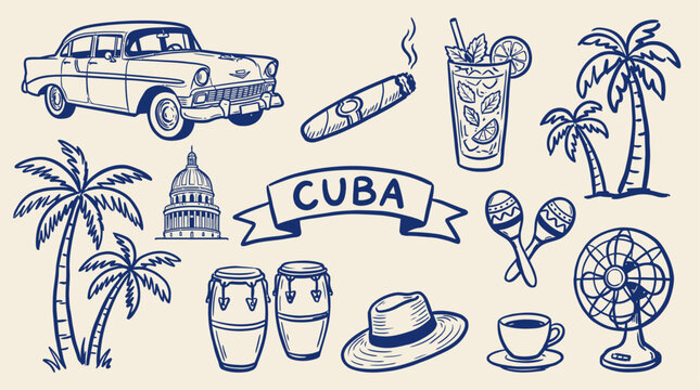 Hand drawn charcoal sketch of Cuban vacation elements featuring vintage classic car, tropical palm tree, cocktail mojito, cigar, and music instruments on isolated white background vector