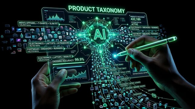 Artificial intelligence managing digital product taxonomy and big data organization.