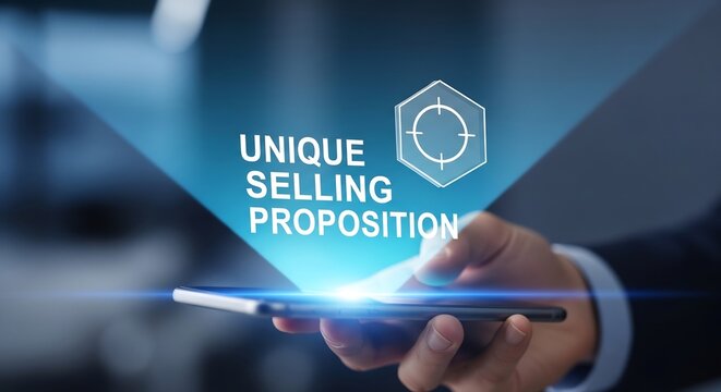 USP unique selling proposition concept, hologram text rising from smartphone