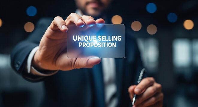 USP unique selling proposition concept, businessman holding glowing card