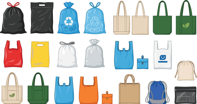 Plastic and fabric shopping bags vector element set, zero waste versus environmental pollution concept