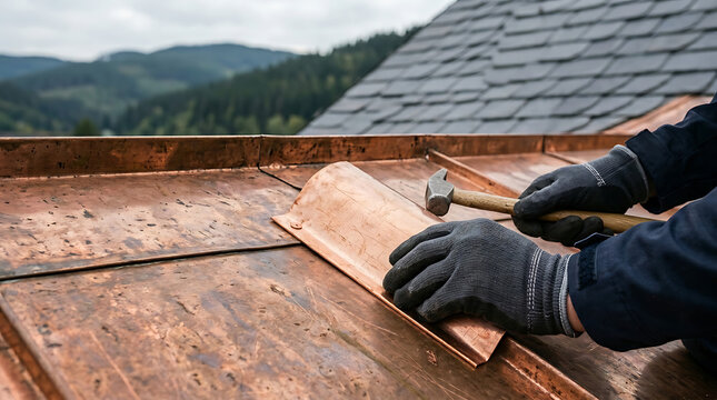 Roofer installing copper flashing on a house roof with a hammer, ensuring proper sealing and weather protection