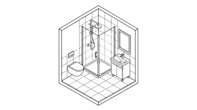 Isometric illustration of a modern bathroom interior design sketch.