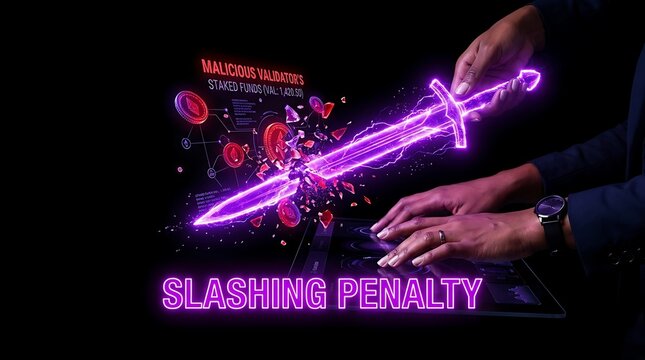 Neon glowing sword slashing through digital coins representing cryptocurrency penalty concept.