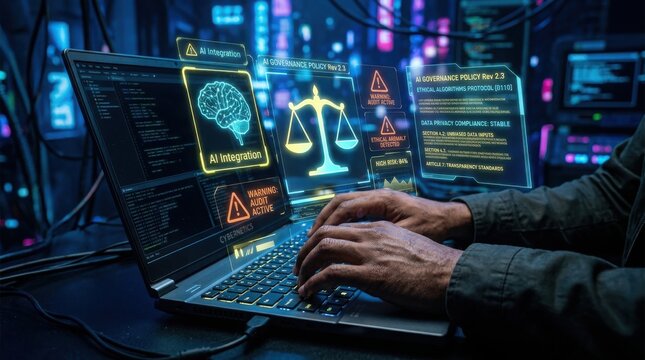 Person typing on futuristic keyboard with neon-lit screens