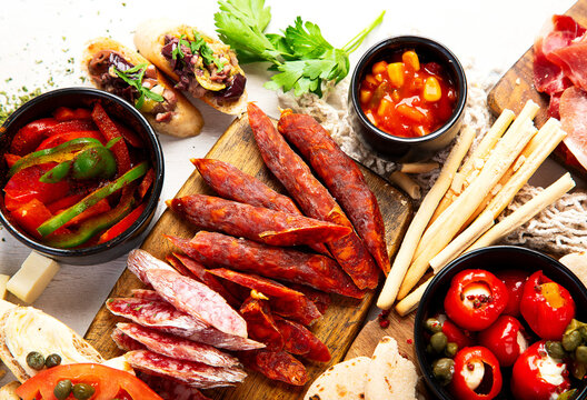 Assortment of spanish tapas or italian antipasti.
