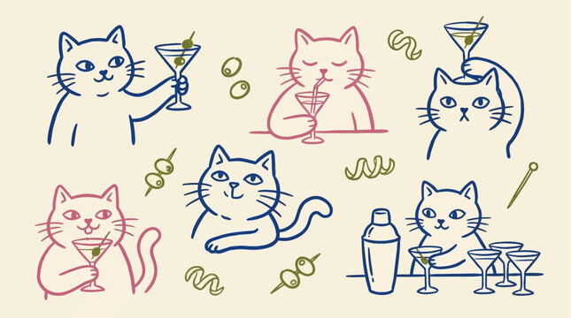 Hand-drawn whimsical cat characters enjoying alcoholic martini cocktails in a naive doodle style, artistic feline vector illustration with olives and glasses for festive celebration concept