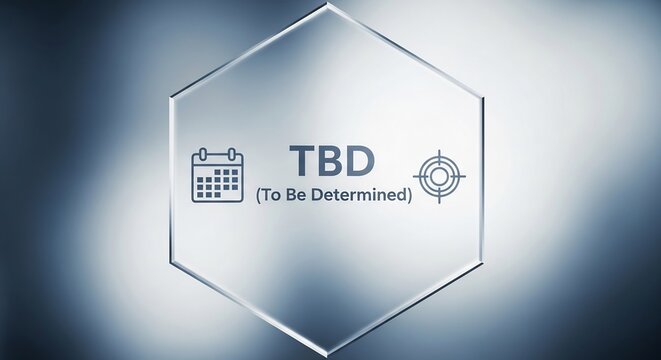 TBD to be determined concept, hexagon icon with calendar on blue background
