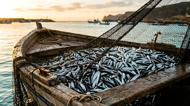 Fishing boat filled with freshly caught fish at sunset, showcasing a bountiful harvest from the sea