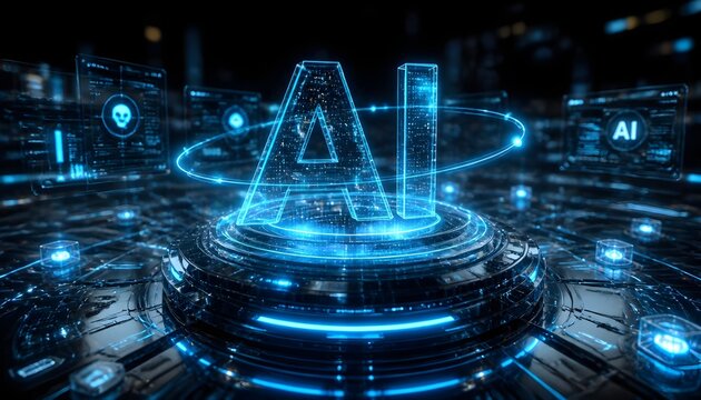 AI artificial intelligence neon glowing text on futuristic digital technology background. Cyber network 3D hologram hud interface, machine learning big data computing concept banner illustration.