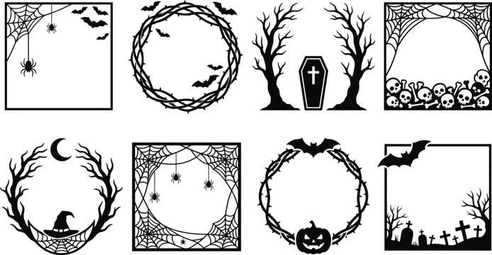 Halloween borders frame collection, black spooky wreath elements, graveyard spider web silhouettes, scary festive holiday template card signs