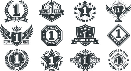 Obraz premium Number one badge retro labels, vintage black trophy awards, first place champion symbols, winner laurel wreath emblem signs