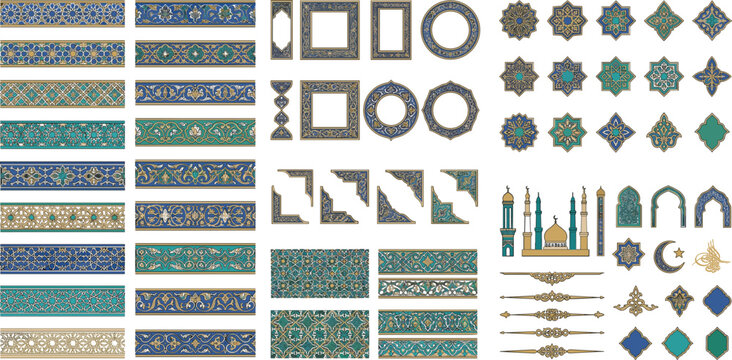 Islamic traditional ornament vector element set, oriental arabesque border and ramadan mosque decoration collection