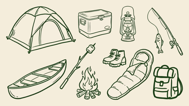 Hand drawn doodle collection of outdoor recreation equipment, hiking gear, adventure icons, wilderness survival tools, bonfire, tent, and backpack in minimal black outline sketch style.