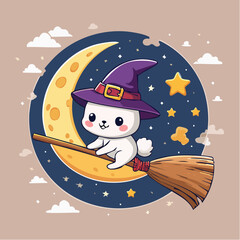 Cute Witch Bunny Flying on Broomstick Under the Moon