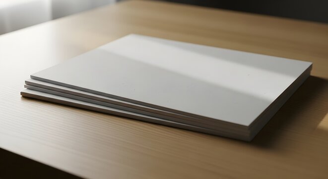 A stack of blank white paper rests on a wooden table, bathed in soft light