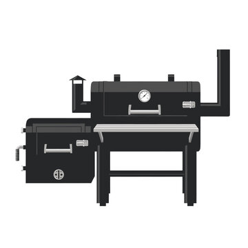 Industrial Black Barbecue Smoker Grill Outdoor Cooking Equipment Setup with Control Knobs and Storage Cabinet